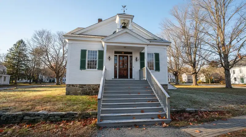 Fourteen gray-painted wooden steps with a landing leading up to a white clapboard Grange hall with green shutters on a frosty autumn morning