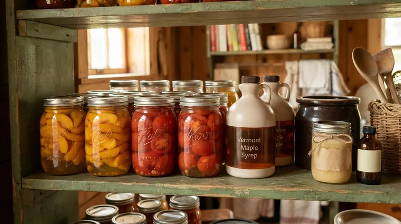 A country pantry shelf with mason jars of preserves, maple syrup jugs, a crock and a small amber glass bottle beside a jar of raw honey with a handwritten label