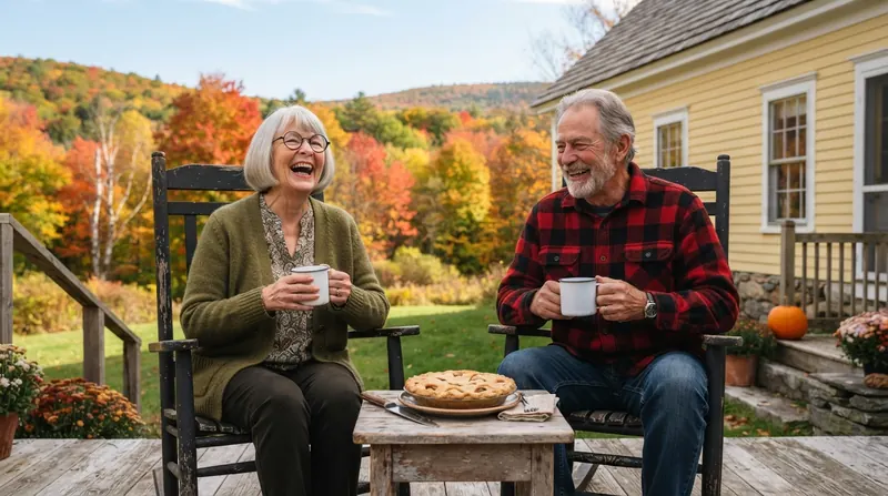 An older man and woman laughing together on a farmhouse porch with mugs of coffee, a pie on a small table, autumn hills behind them