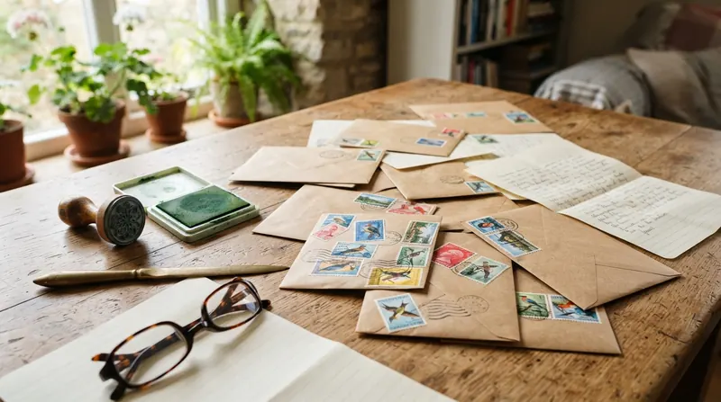 Kraft envelopes with colorful postage stamps and handwritten letters spread on a wooden table beside a rubber stamp and an ink pad