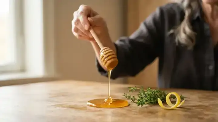 A wooden honey dipper dripping golden raw honey beside a sprig of fresh thyme and a curl of lemon peel, slow camera move