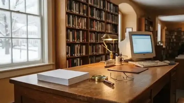 A small-town library desk with printed fact sheets, a magnifying glass, reading glasses and an old computer by a frosty window, slow camera move